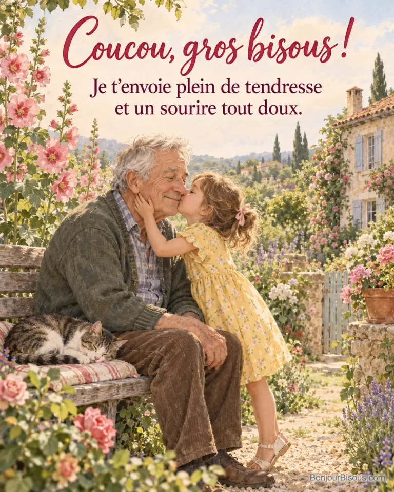 Peinture d’une petite fille en robe jaune qui embrasse la joue de son grand-père assis sur un banc dans un jardin de roses trémières, un chat endormi à côté, avec le texte « Coucou, gros bisous ! Je t’envoie plein de tendresse et un sourire tout doux. »