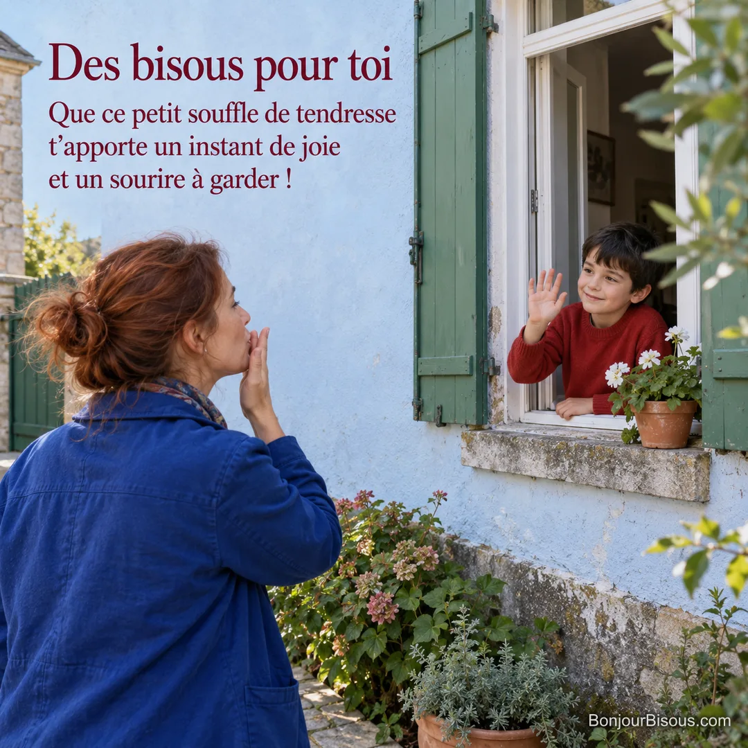 Une mère souffle un bisou vers son fils qui lui répond depuis une fenêtre normande, avec le texte « Des bisous pour toi Que ce petit souffle de tendresse t’apporte un instant de joie et un sourire à garder ! ».