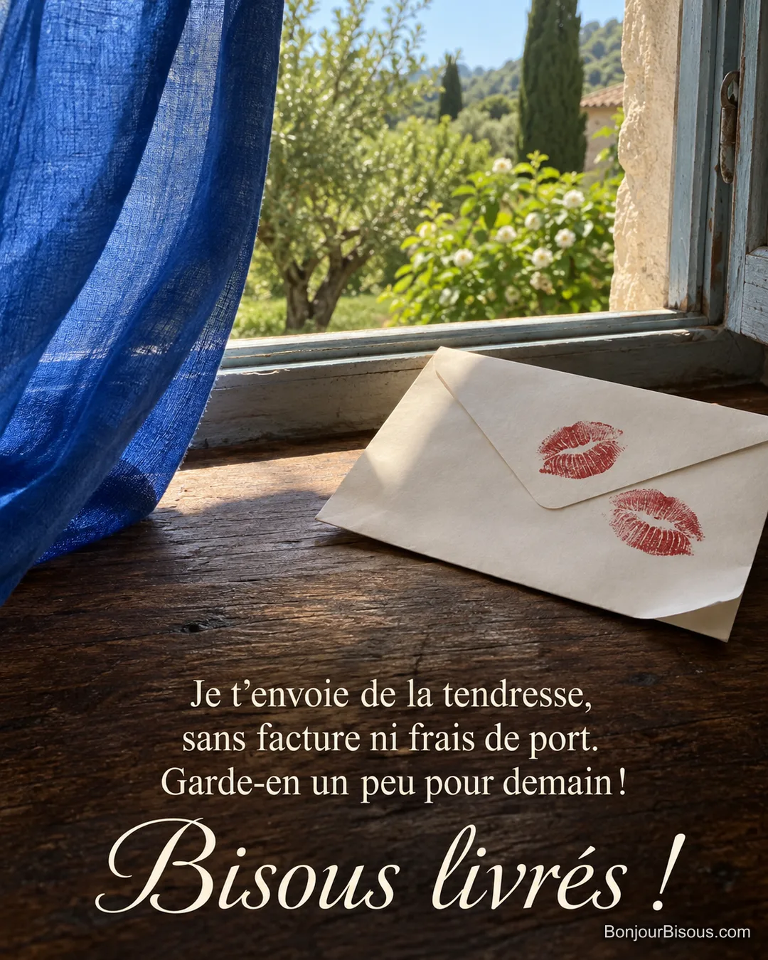 Deux empreintes de baiser rouges décorent une enveloppe posée près d’une fenêtre provençale, avec le texte « Bisous livrés ! Je t’envoie de la tendresse, sans facture ni frais de port. Garde-en un peu pour demain ! ».