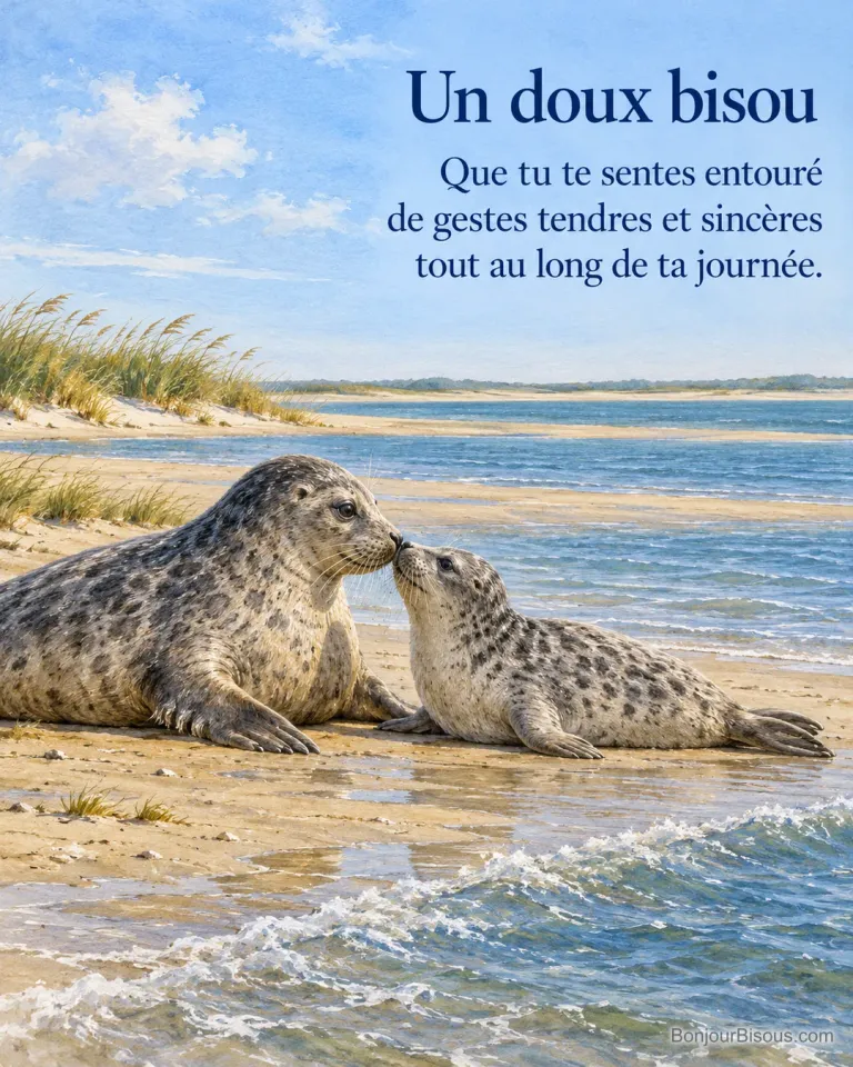 Deux phoques gris rapprochent leurs museaux sur un banc de sable de la baie de Somme, avec le texte « Un doux bisou Que tu te sentes entouré de gestes tendres et sincères tout au long de ta journée. ».