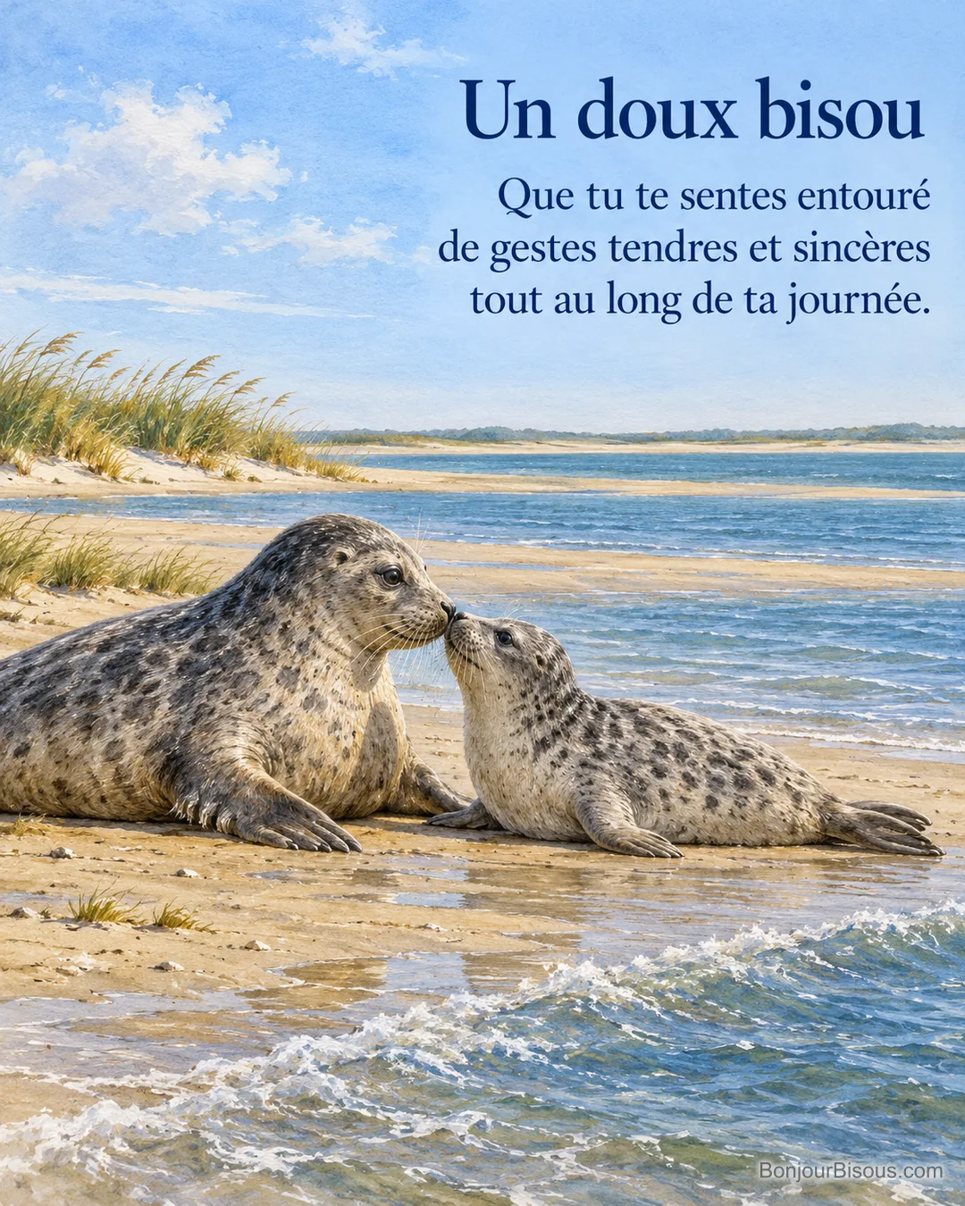 Deux phoques gris rapprochent leurs museaux sur un banc de sable de la baie de Somme, avec le texte « Un doux bisou Que tu te sentes entouré de gestes tendres et sincères tout au long de ta journée. ».