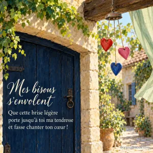 Un carillon de petits cœurs en céramique se balance sous un auvent alsacien, avec le texte « Mes bisous s’envolent Que cette brise légère porte jusqu’à toi ma tendresse et fasse chanter ton cœur ! ».
