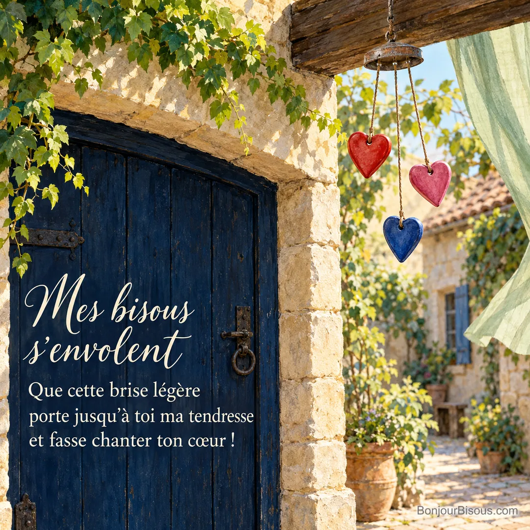 Un carillon de petits cœurs en céramique se balance sous un auvent alsacien, avec le texte « Mes bisous s’envolent Que cette brise légère porte jusqu’à toi ma tendresse et fasse chanter ton cœur ! ».