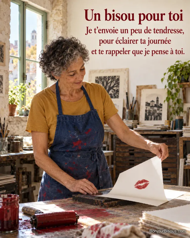 Une artisane soulève une linogravure représentant un baiser rouge dans son atelier d’Angoulême, avec le texte « Un bisou pour toi Je t’envoie un peu de tendresse, pour éclairer ta journée et te rappeler que je pense à toi. ».