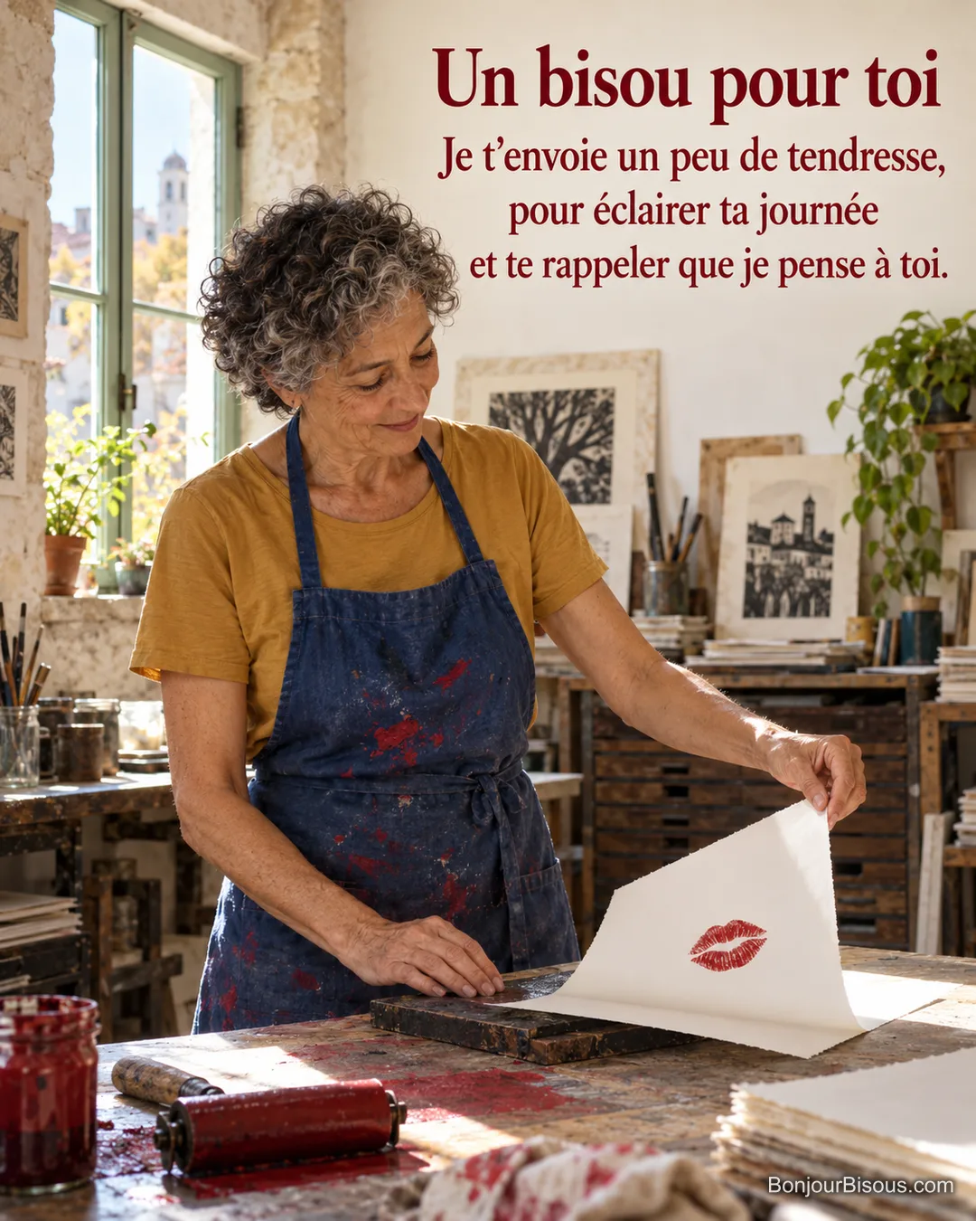 Une artisane soulève une linogravure représentant un baiser rouge dans son atelier d’Angoulême, avec le texte « Un bisou pour toi Je t’envoie un peu de tendresse, pour éclairer ta journée et te rappeler que je pense à toi. ».