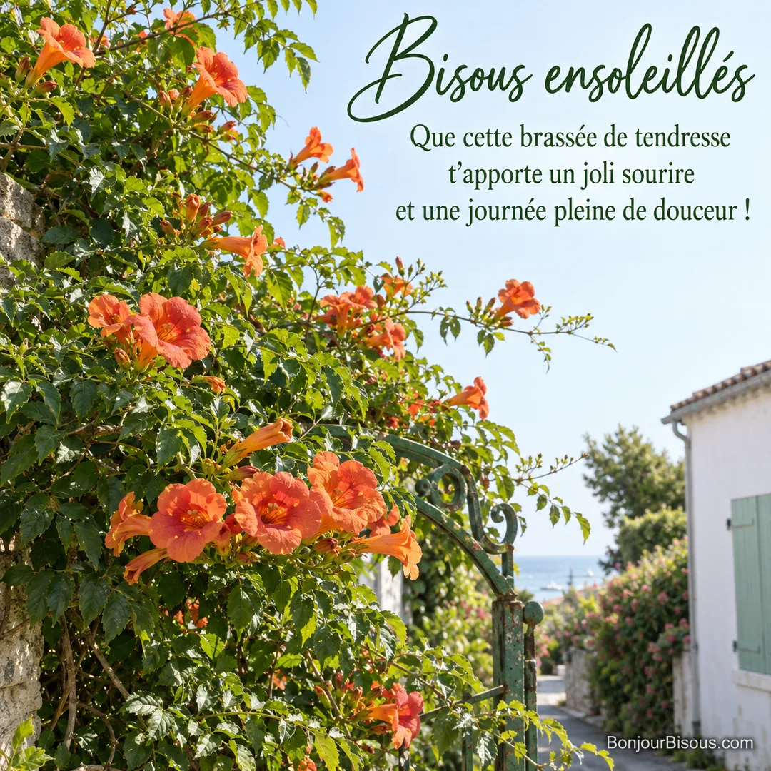 Une bignone orange fleurit sur un arceau vert dans une ruelle lumineuse de l’île d’Oléron, avec le texte « Bisous ensoleillés Que cette brassée de tendresse t’apporte un joli sourire et une journée pleine de douceur ! ».