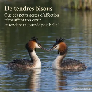 Deux grèbes huppés rapprochent leurs becs pendant une parade sur un étang de la Dombes, avec le texte « De tendres bisous Que ces petits gestes d’affection réchauffent ton cœur et rendent ta journée plus belle ! ».