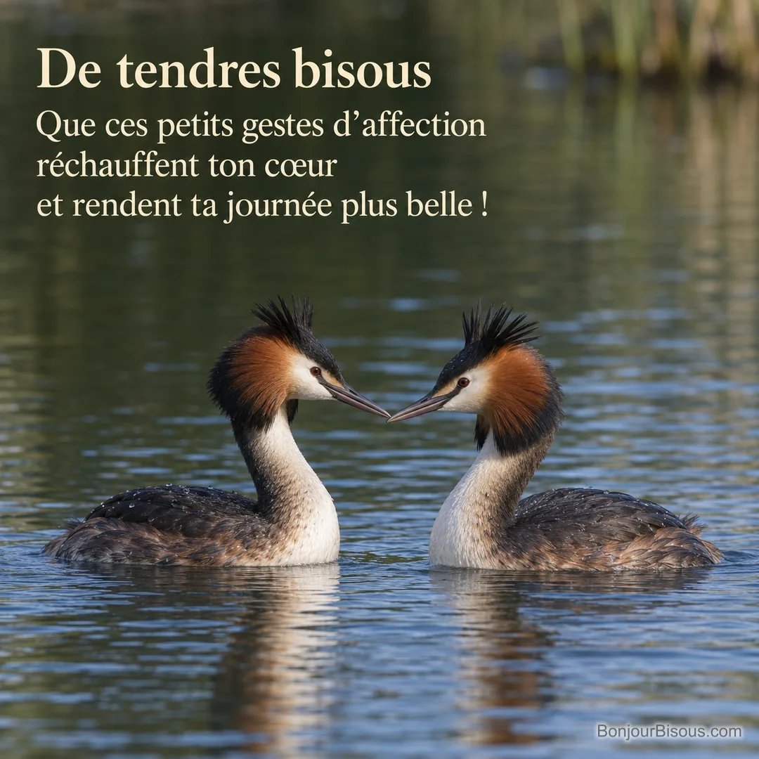 Deux grèbes huppés rapprochent leurs becs pendant une parade sur un étang de la Dombes, avec le texte « De tendres bisous Que ces petits gestes d’affection réchauffent ton cœur et rendent ta journée plus belle ! ».