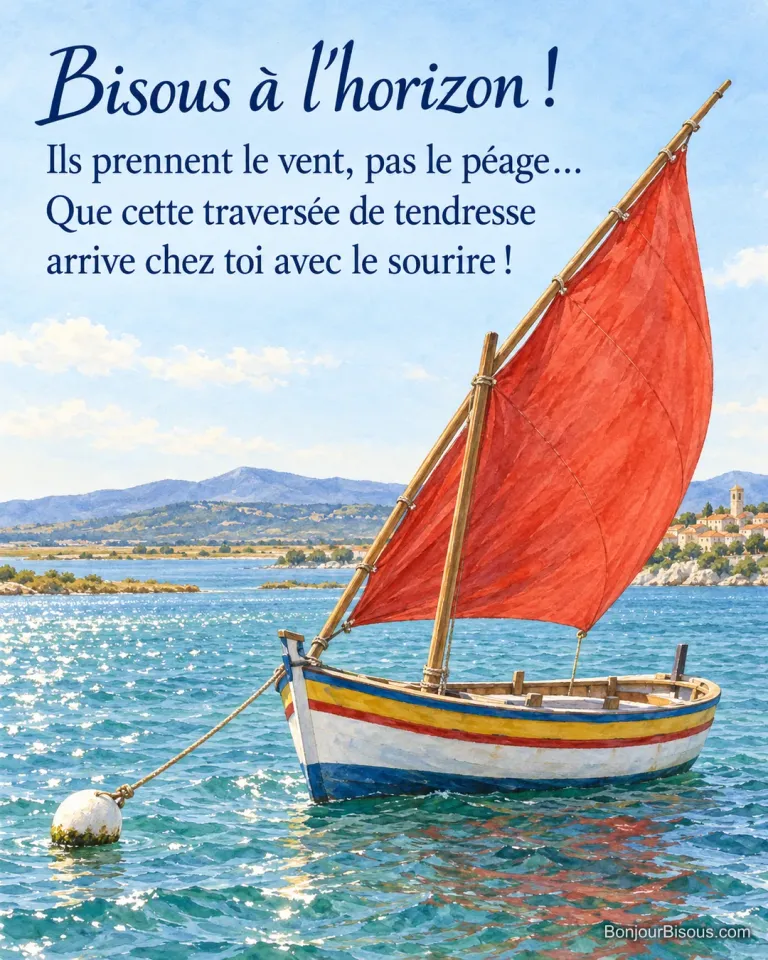 Une petite barque à voile latine rouge reste amarrée à une bouée blanche sur l’étang de Leucate, avec le texte « Bisous à l’horizon ! Ils prennent le vent, pas le péage… Que cette traversée de tendresse arrive chez toi avec le sourire ! ».