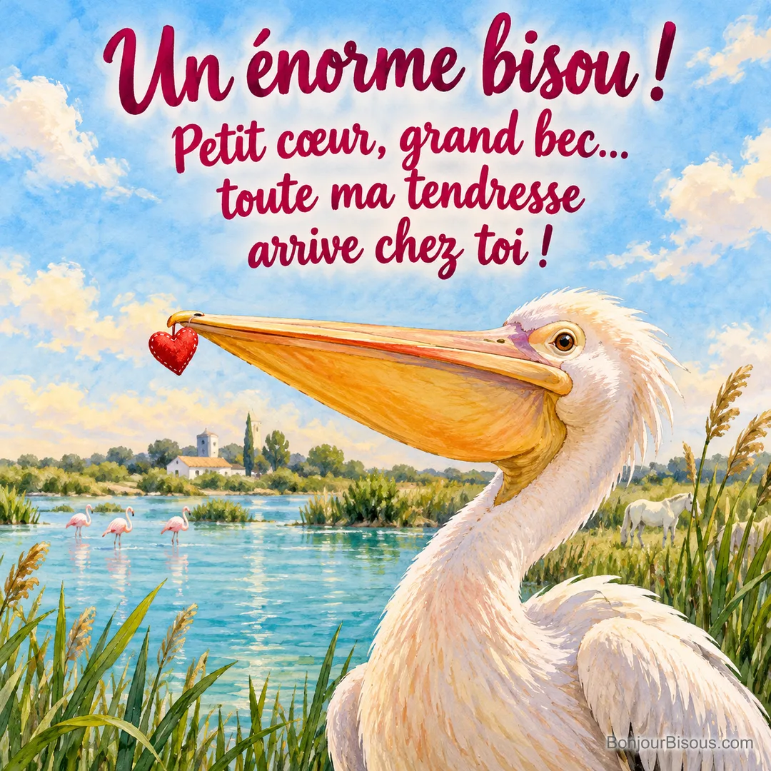 Un pélican tient un minuscule cœur au bout de son très grand bec, avec le texte « Un énorme bisou ! Petit cœur, grand bec… toute ma tendresse arrive chez toi ! ».