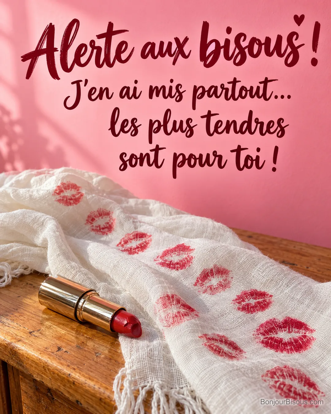 Un rouge à lèvres renversé a laissé une joyeuse file d’empreintes de bisous, avec le texte « Alerte aux bisous ! J’en ai mis partout… les plus tendres sont pour toi ! ».