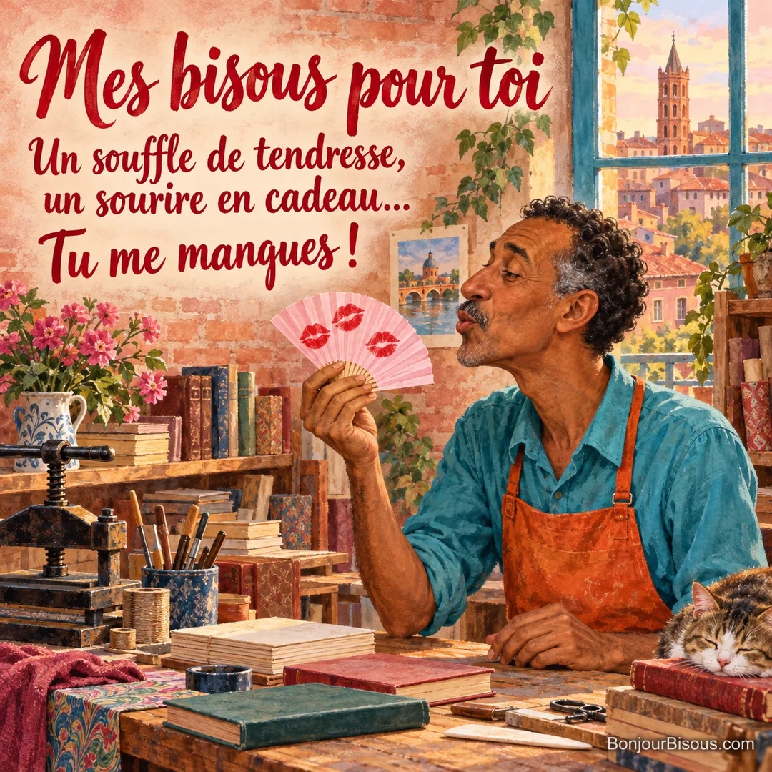 Un homme souffle tendrement vers un éventail de papier décoré de trois baisers rouges, près d’un chat endormi dans son atelier, avec le texte « Mes bisous pour toi Un souffle de tendresse, un sourire en cadeau… Tu me manques ! ».