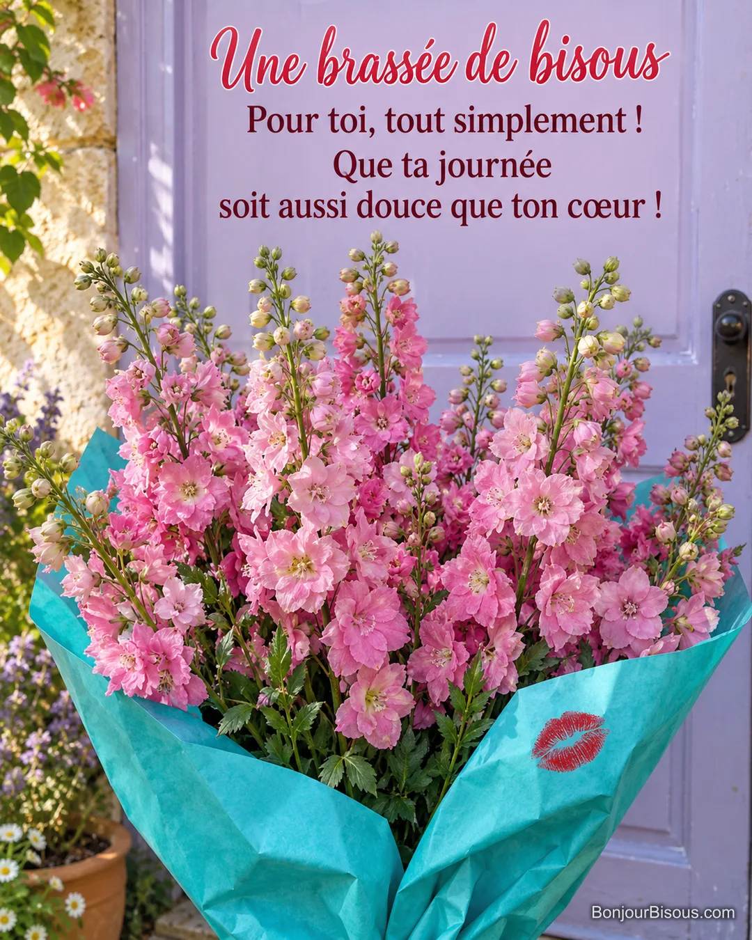 Une brassée de delphiniums roses dans un papier turquoise porte une empreinte de baiser, avec le texte « Une brassée de bisous Pour toi, tout simplement ! Que ta journée soit aussi douce que ton cœur ! ».