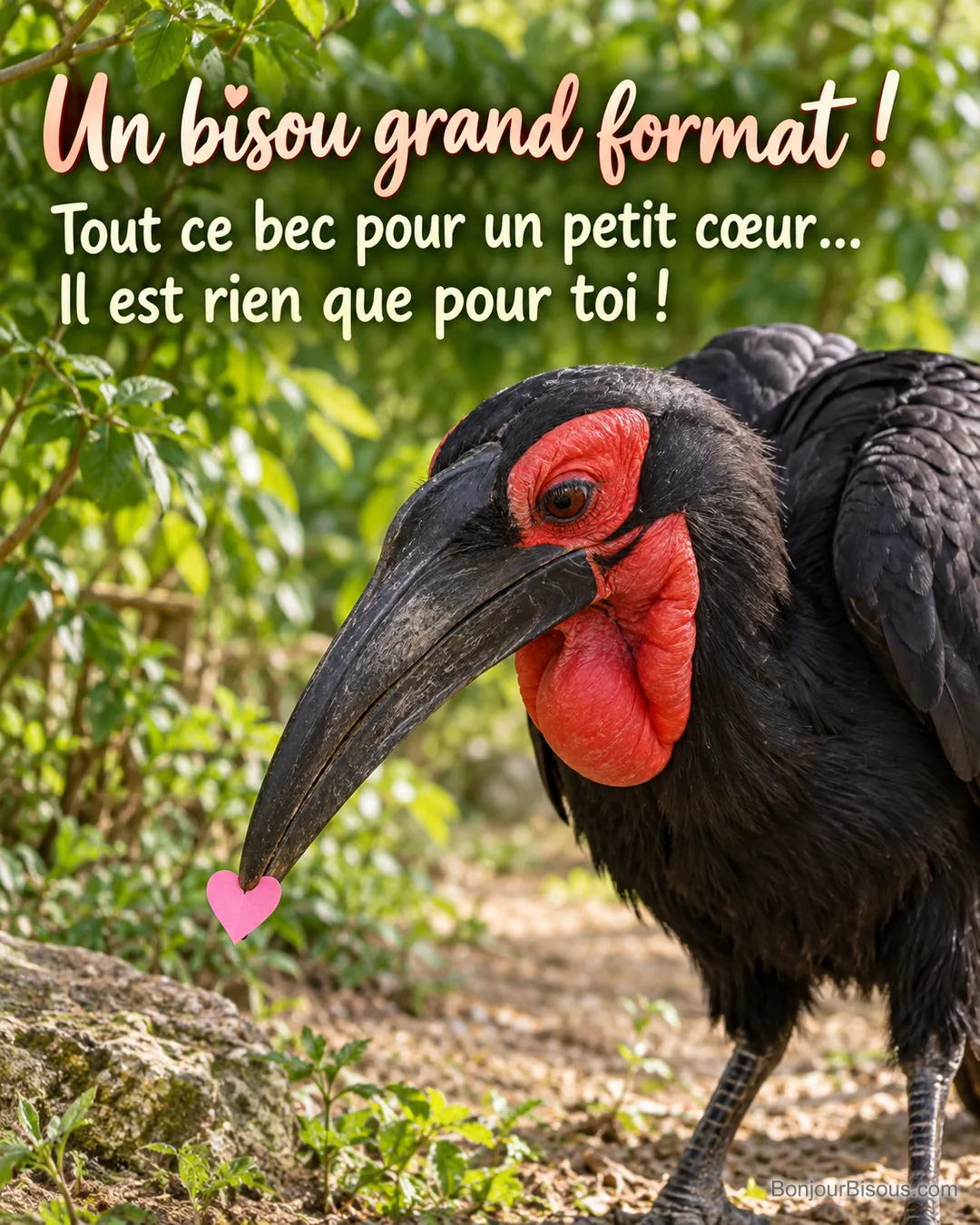 Un grand calao tient délicatement un minuscule cœur rose au bout de son long bec, avec le message « Un bisou grand format ! Tout ce bec pour un petit cœur… Il est rien que pour toi ! ».
