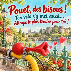 Un klaxon rouge en forme de lèvres semble envoyer trois petits cœurs depuis un guidon jaune, avec le message « Pouet, des bisous ! Ton vélo s’y met aussi… Attrape le plus tendre pour toi ! ».