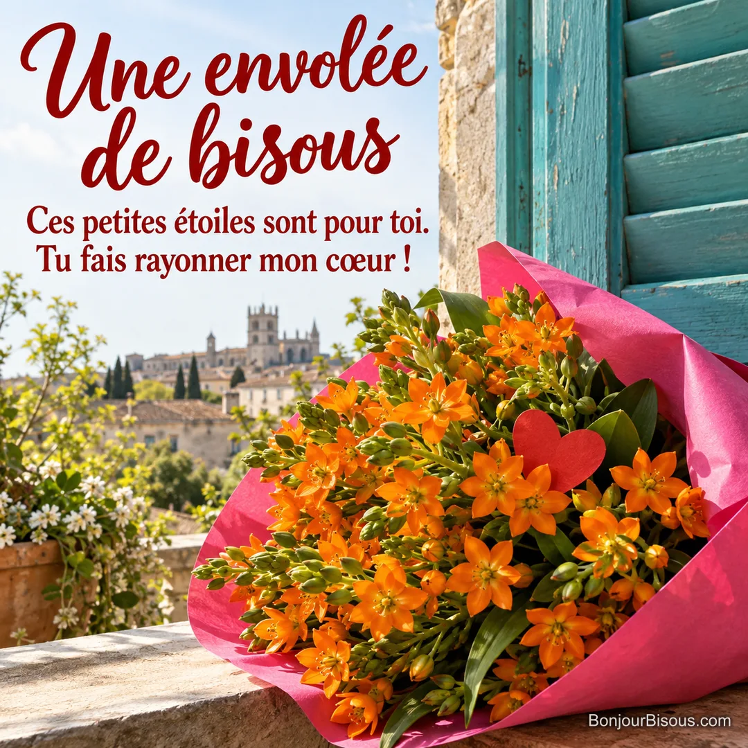 Des ornithogales orange en forme d’étoiles s’élancent d’un cornet rose avec un petit cœur rouge, avec le message « Une envolée de bisous Ces petites étoiles sont pour toi. Tu fais rayonner mon cœur ! ».