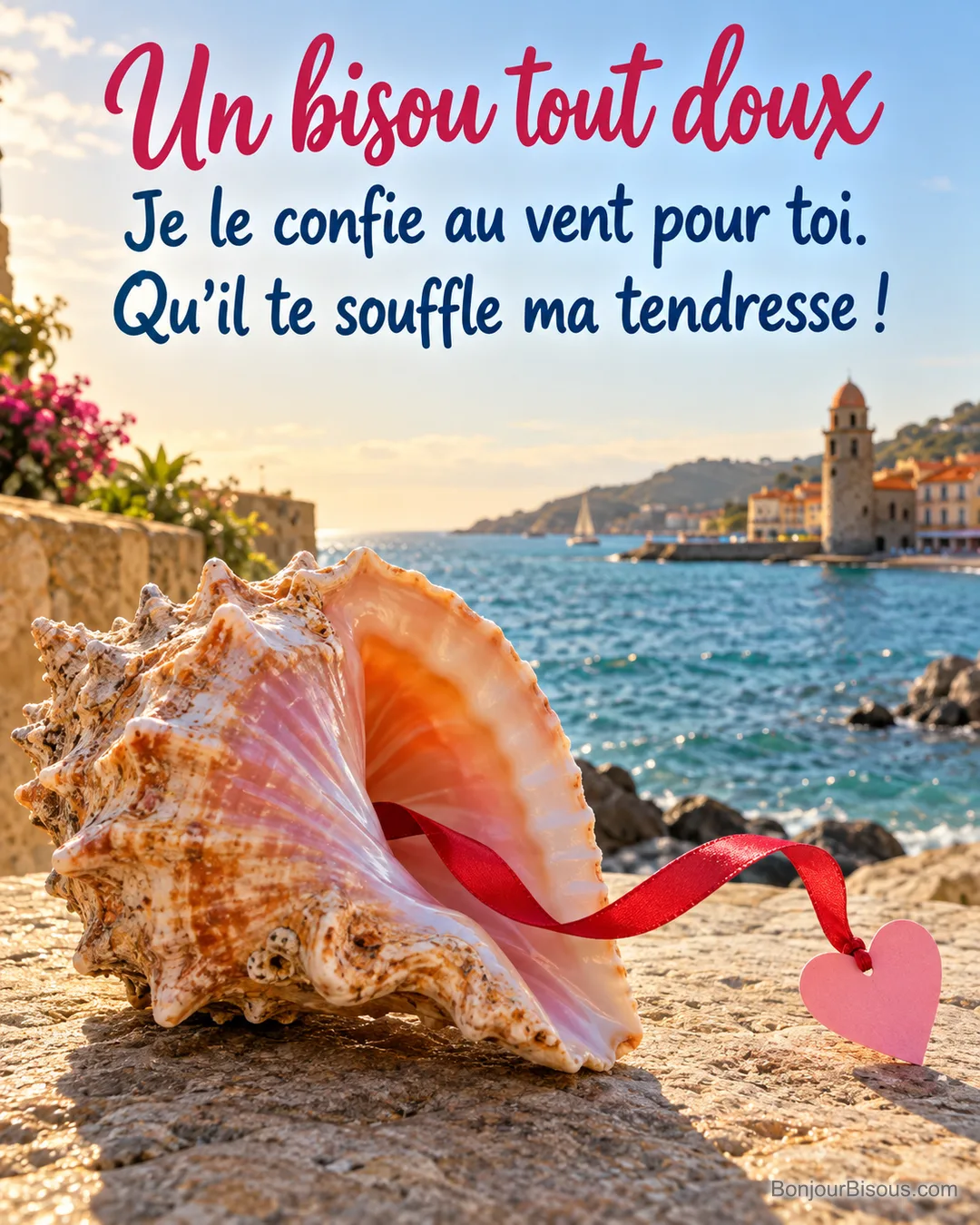 Une conque nacrée laisse s’échapper un ruban rouge terminé par un petit cœur sur une terrasse méditerranéenne, avec le message « Un bisou tout doux Je le confie au vent pour toi. Qu’il te souffle ma tendresse ! ».