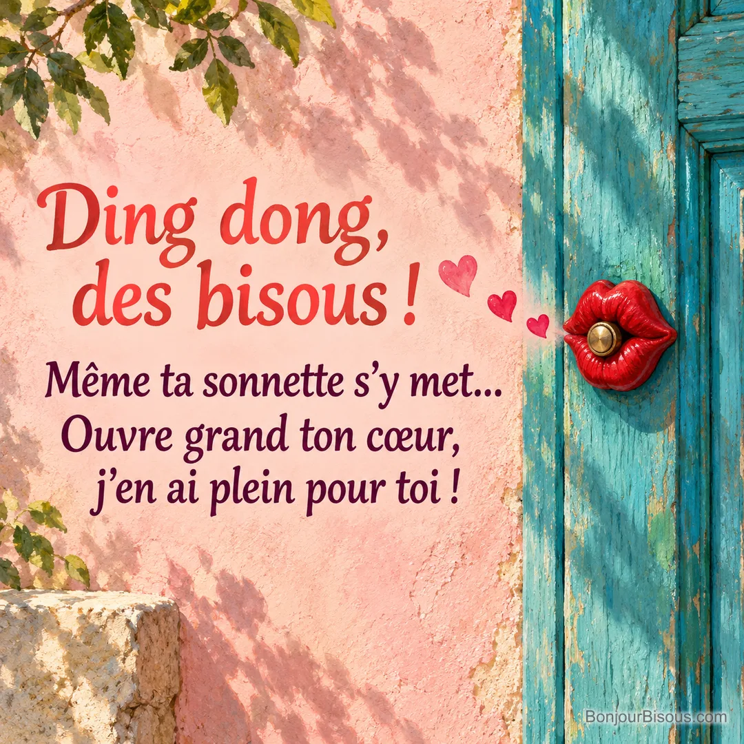 Une sonnette en forme de lèvres rouges souffle trois petits cœurs devant une porte turquoise, avec le texte « Ding dong, des bisous ! Même ta sonnette s’y met… Ouvre grand ton cœur, j’en ai plein pour toi ! ».