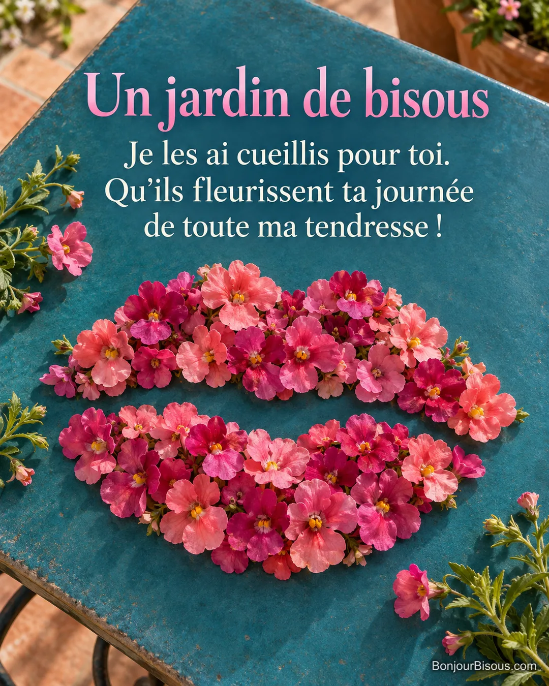 Des némésias roses dessinent un grand baiser sur un carreau de céramique bleu canard dans la lumière printanière, avec le texte « Un jardin de bisous Je les ai cueillis pour toi. Qu’ils fleurissent ta journée de toute ma tendresse ! ».