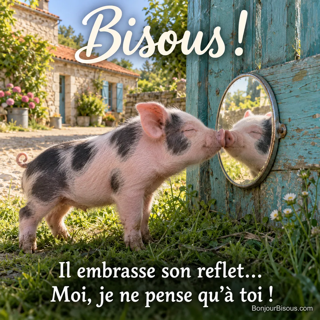 Un porcelet rose et noir embrasse son propre reflet dans un petit miroir fixé sur une barrière de ferme. Le message est : « Bisous ! Il embrasse son reflet… Moi, je ne pense qu’à toi ! ».