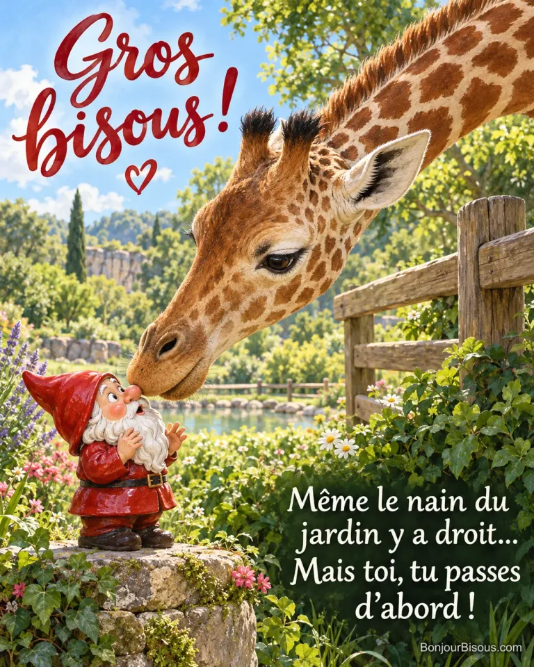 Un girafon étire son cou au-dessus d’une barrière pour déposer un énorme bisou sur le petit nez d’un nain de jardin rouge. Le message est : « Gros bisous ! Même le nain du jardin y a droit… Mais toi, tu passes d’abord ! ».