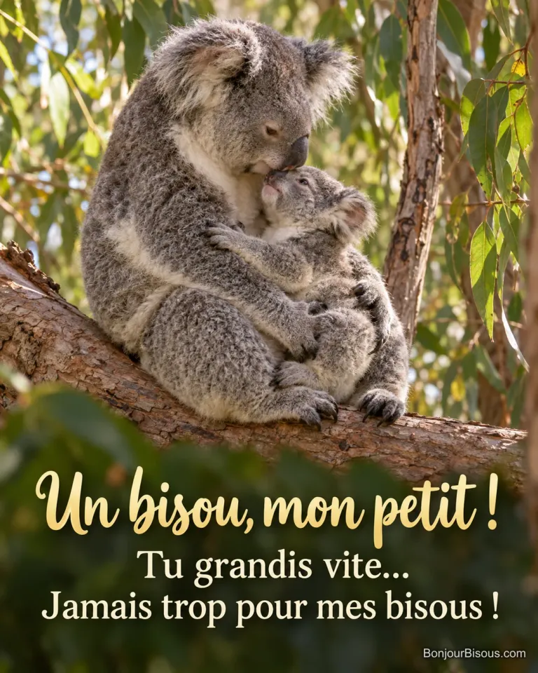 Une mère koala dépose doucement son museau sur le front de son petit accroché à son ventre. Le message est : « Un bisou, mon petit ! Tu grandis vite… Jamais trop pour mes bisous ! ».