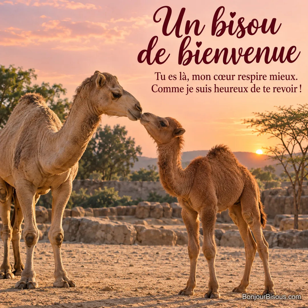 Une mère dromadaire et son petit se retrouvent museau contre museau dans une lumière de fin d’après-midi. Le message est : « Un bisou de bienvenue Tu es là, mon cœur respire mieux. Comme je suis heureux de te revoir ! ».