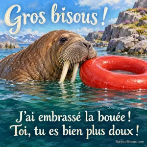 Un morse moustachu donne un bisou à une bouée rouge flottant près de lui. Le message est : « Gros bisous ! J’ai embrassé la bouée ! Toi, tu es bien plus doux ! ».