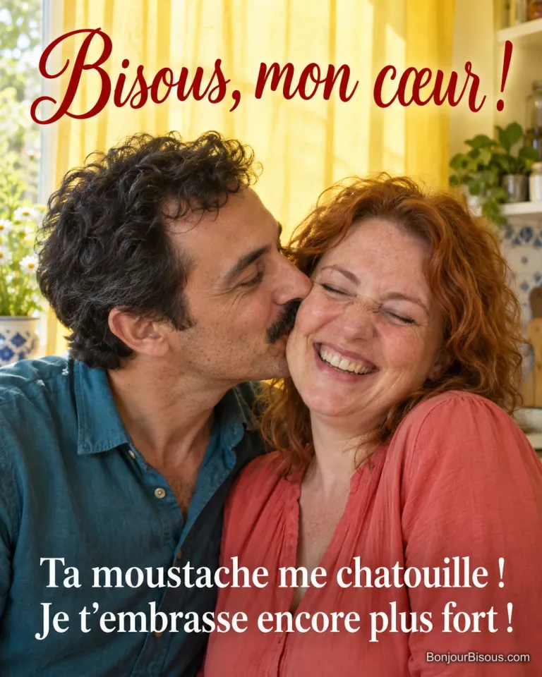 Un homme embrasse la joue de sa compagne qui rit parce que sa moustache la chatouille. Le message est : « Bisous, mon cœur ! Ta moustache me chatouille ! Je t’embrasse encore plus fort ! ».