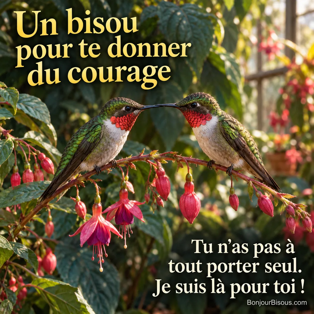 Deux colibris à gorge rubis rapprochent tendrement leurs becs sur une branche de fuchsia. Le message est : « Un bisou pour te donner du courage Tu n’as pas à tout porter seul. Je suis là pour toi ! ».