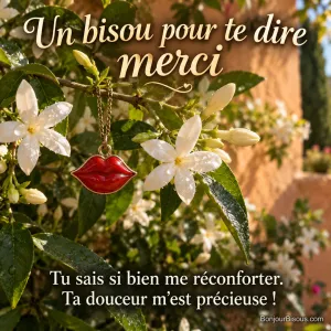 Un petit pendentif en émail en forme de baiser rouge est accroché dans un jasmin fleuri. Le message est : « Un bisou pour te dire merci Tu sais si bien me réconforter. Ta douceur m’est précieuse ! ».