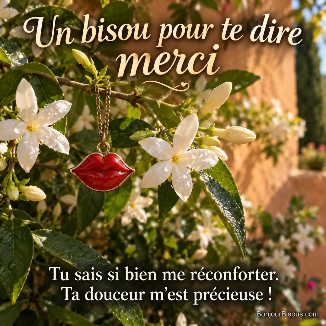Un petit pendentif en émail en forme de baiser rouge est accroché dans un jasmin fleuri. Le message est : « Un bisou pour te dire merci Tu sais si bien me réconforter. Ta douceur m’est précieuse ! ». Un petit pendentif en émail en forme de baiser rouge est accroché dans un jasmin fleuri. Le message est : « Un bisou pour te dire merci Tu sais si bien me réconforter. Ta douceur m’est précieuse ! ».