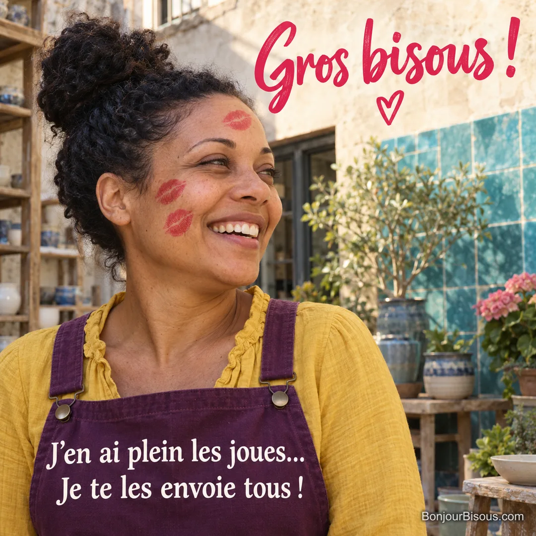 Une femme rit avec trois empreintes de bisous rouges visibles sur la joue et le front. Le message est : « Gros bisous ! J’en ai plein les joues… Je te les envoie tous ! ».