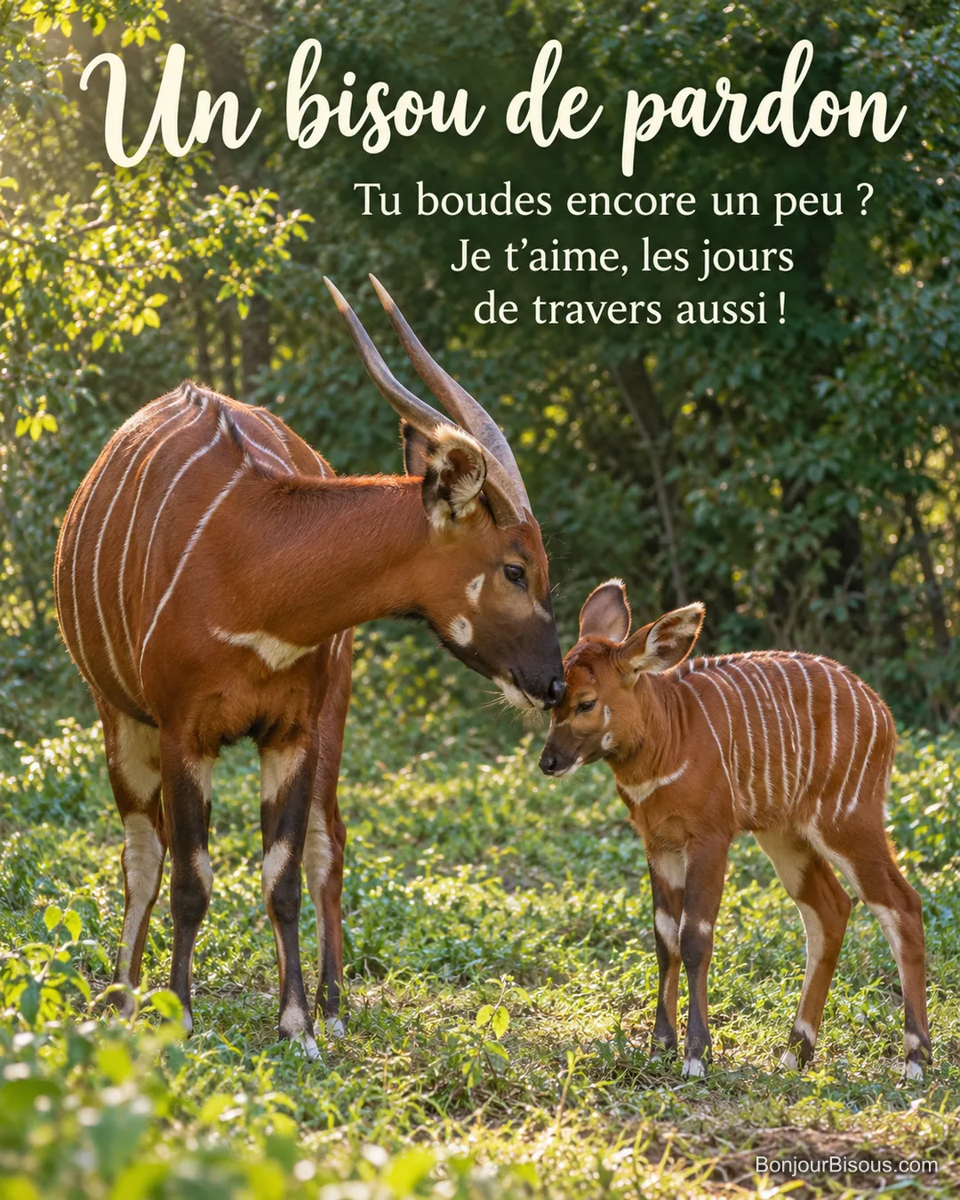 Une mère bongo dépose un tendre bisou sur le front de son petit dans une clairière. Le message est : « Un bisou de pardon Tu boudes encore un peu ? Je t’aime, les jours de travers aussi ! ».