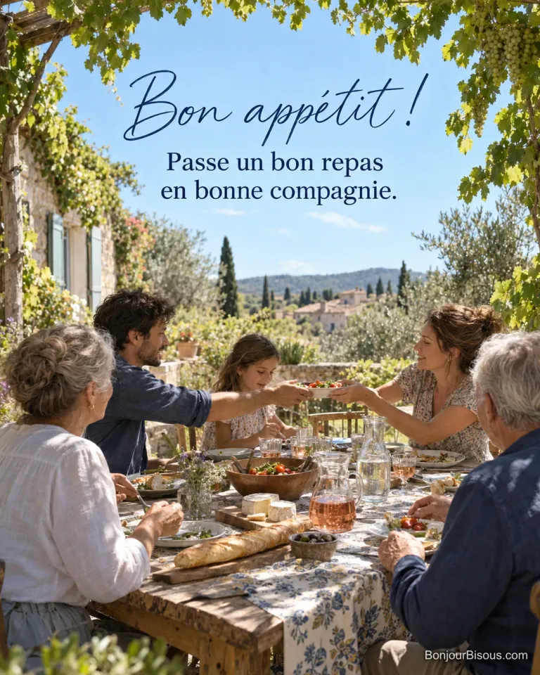 Photo d’une famille de trois générations attablée sous une tonnelle de vigne en Provence, avec baguette, fromages, salade et rosé, avec le texte « Bon appétit ! Passe un bon repas en bonne compagnie. »