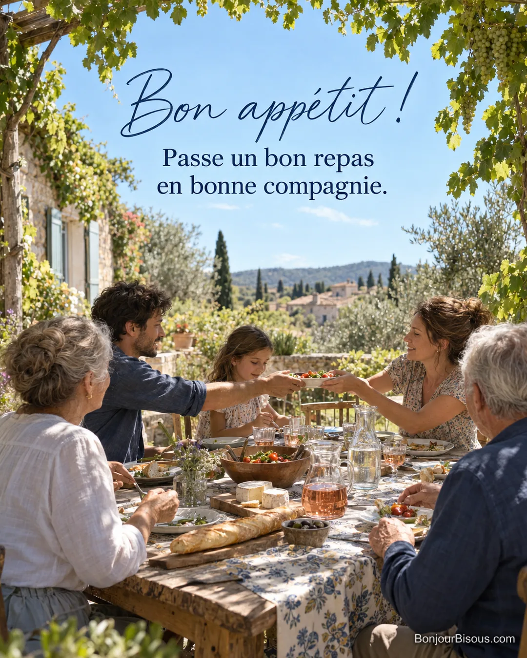 Photo d’une famille de trois générations attablée sous une tonnelle de vigne en Provence, avec baguette, fromages, salade et rosé, avec le texte « Bon appétit ! Passe un bon repas en bonne compagnie. »