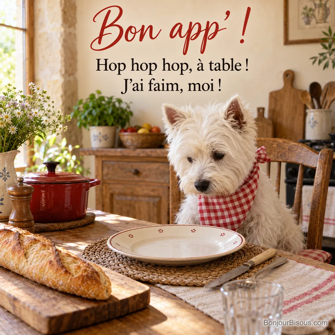 Photo d’un westie avec une serviette à carreaux rouges nouée autour du cou, assis à table devant une assiette vide, une baguette et une cocotte rouge, avec le texte « Bon app’ ! Hop hop hop, à table ! J’ai faim, moi ! »