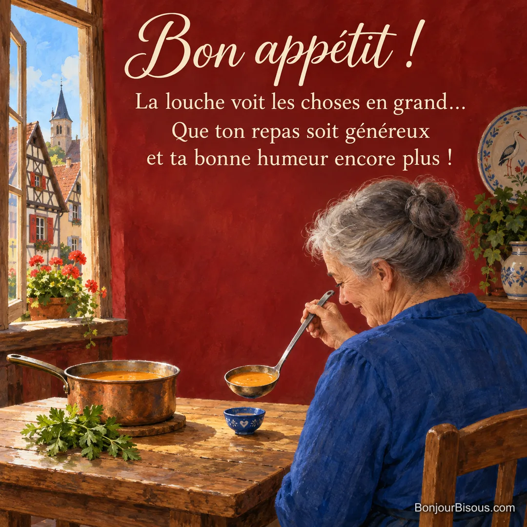 Une femme hésite à servir une grande louche de soupe dans un tout petit bol, avec le texte « Bon appétit ! La louche voit les choses en grand… Que ton repas soit généreux et ta bonne humeur encore plus ! ».