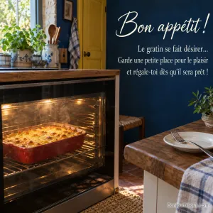 Un gratin doré cuit au four tandis qu’une assiette et une fourchette attendent sur la table, avec le texte « Bon appétit ! Le gratin se fait désirer… Garde une petite place pour le plaisir et régale-toi dès qu’il sera prêt ! ».