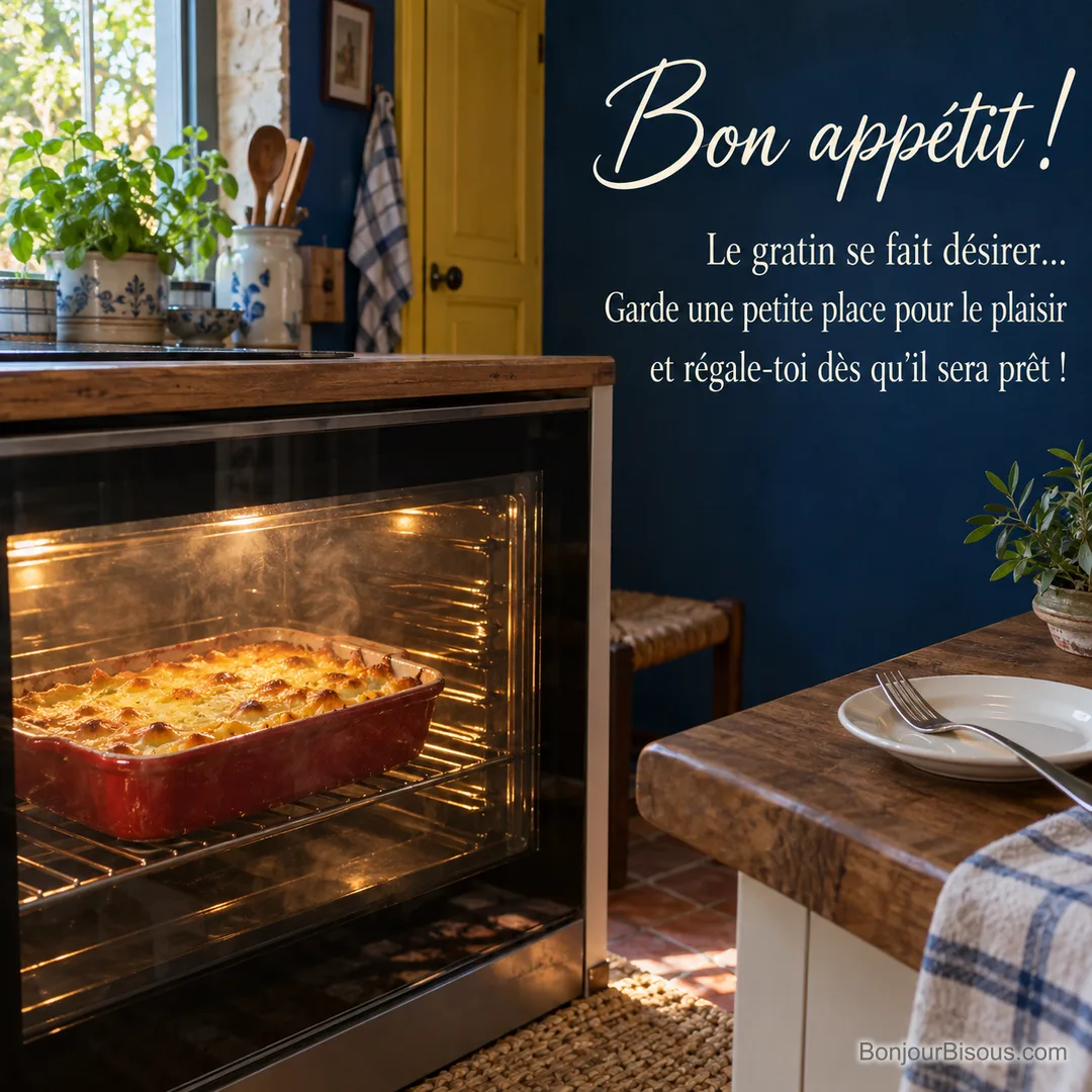 Un gratin doré cuit au four tandis qu’une assiette et une fourchette attendent sur la table, avec le texte « Bon appétit ! Le gratin se fait désirer… Garde une petite place pour le plaisir et régale-toi dès qu’il sera prêt ! ».