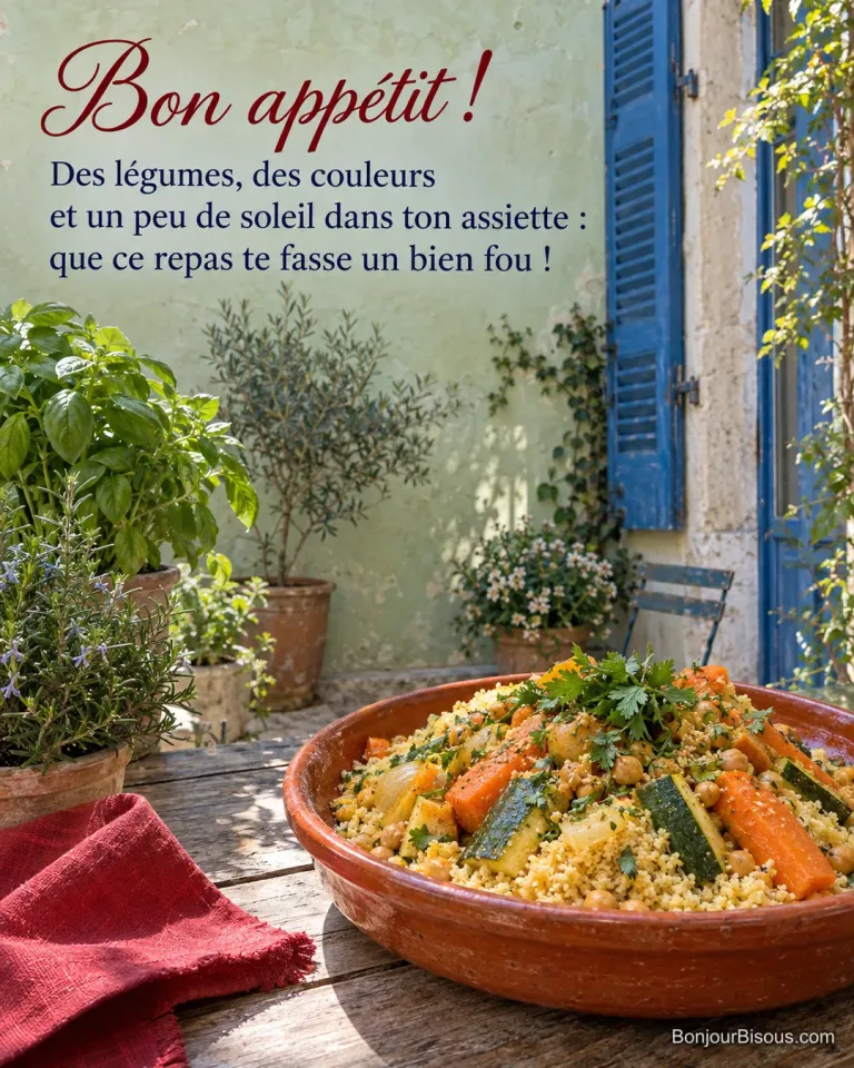 Un plat de couscous aux légumes colorés attend sur une table dans une cour marseillaise, avec le texte « Bon appétit ! Des légumes, des couleurs et un peu de soleil dans ton assiette : que ce repas te fasse un bien fou ! ».