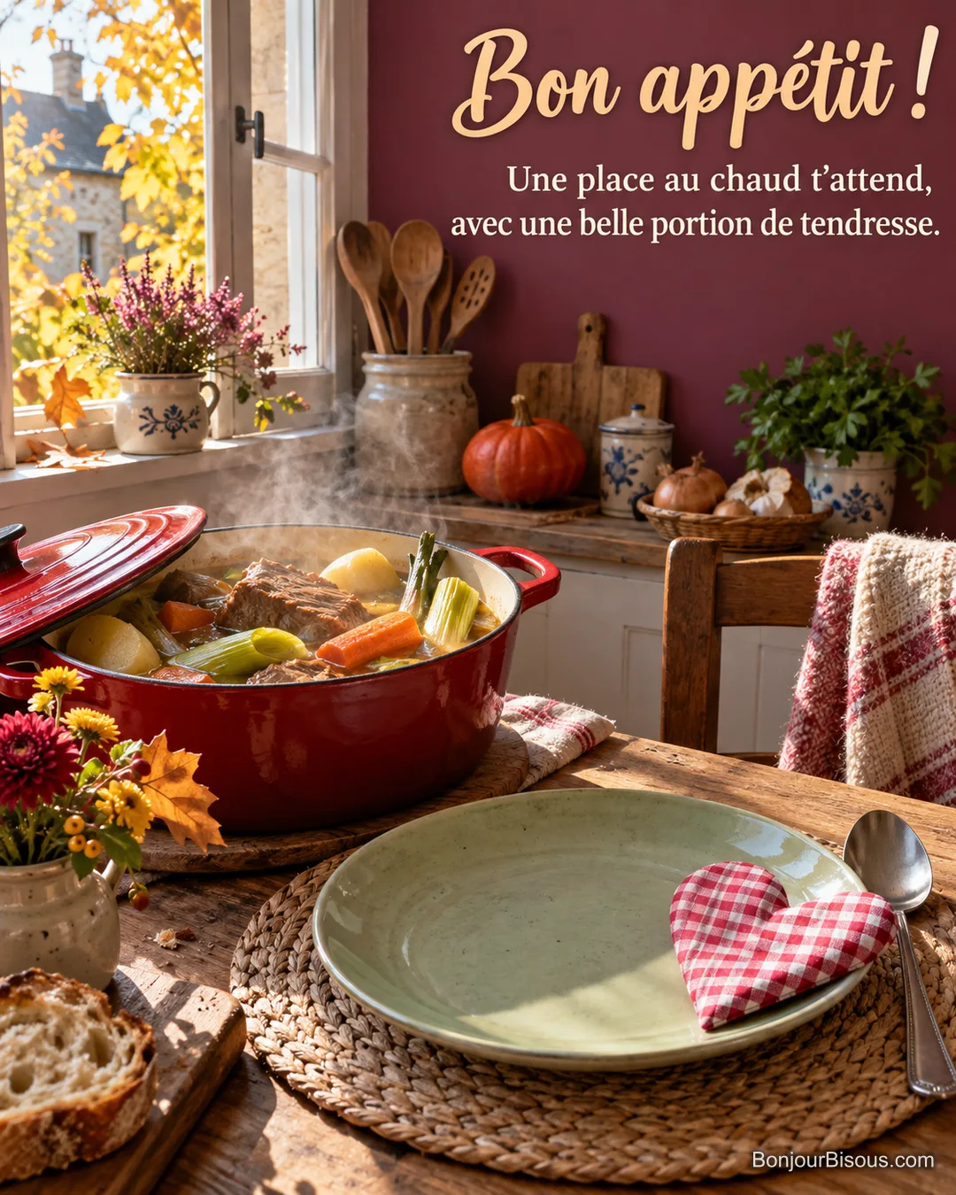 Un pot-au-feu fumant attend sur une table où une serviette en cœur marque une place attentionnée, avec le texte « Bon appétit ! Une place au chaud t’attend, avec une belle portion de tendresse. ».