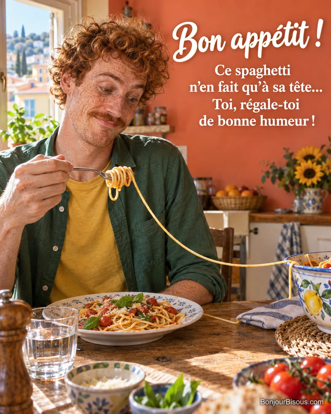 Un homme s’amuse d’un spaghetti interminable encore accroché au saladier, avec le texte « Bon appétit ! Ce spaghetti n’en fait qu’à sa tête… Toi, régale-toi de bonne humeur ! ».