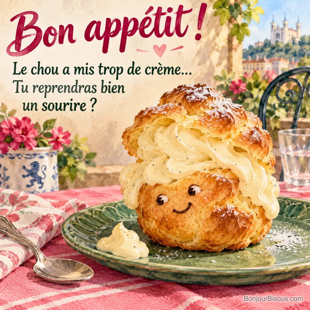 Un chou pâtissier souriant porte une coiffure de crème vanillée débordante, avec le texte « Bon appétit ! Le chou a mis trop de crème… Tu reprendras bien un sourire ? ».