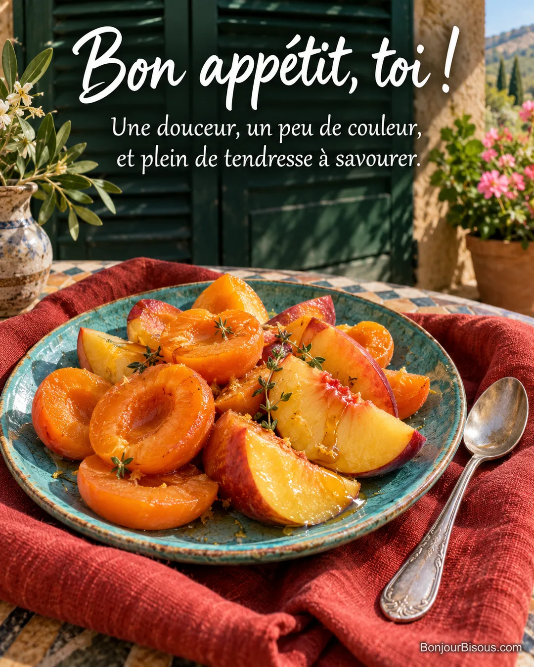 Des abricots et des pêches attendent dans une assiette entourée d’une serviette rouge, avec le texte « Bon appétit, toi ! Une douceur, un peu de couleur, et plein de tendresse à savourer. ».
