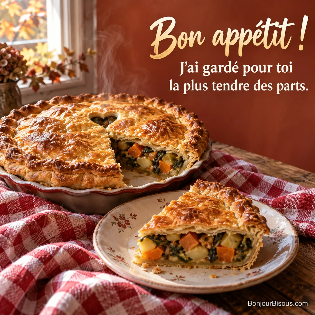 Une part de tourte aux légumes est réservée sur une assiette près du plat doré, avec le texte « Bon appétit ! J’ai gardé pour toi la plus tendre des parts. ».