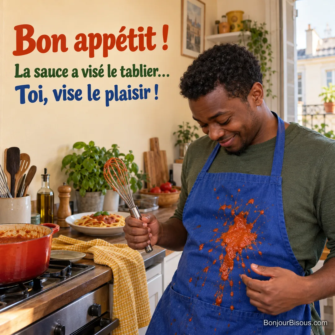 Un jeune cuisinier regarde en souriant les éclaboussures de sauce tomate sur son tablier bleu, avec le texte « Bon appétit ! La sauce a visé le tablier… Toi, vise le plaisir ! ».