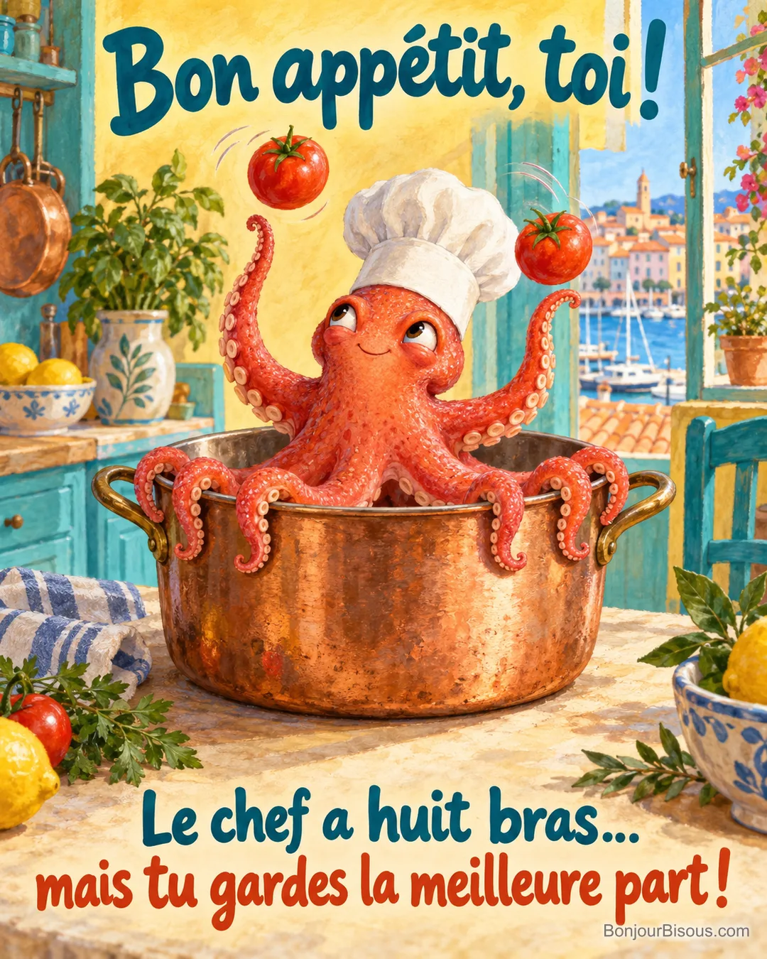 Un poulpe coiffé d’une toque jongle avec deux tomates depuis une casserole de cuivre, avec le texte « Bon appétit, toi ! Le chef a huit bras… mais tu gardes la meilleure part ! ».