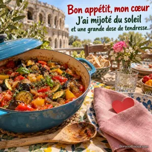 Une cocotte de ratatouille colorée et une serviette en cœur accueillent un repas plein de tendresse, avec le texte « Bon appétit, mon cœur J’ai mijoté du soleil et une grande dose de tendresse. ».
