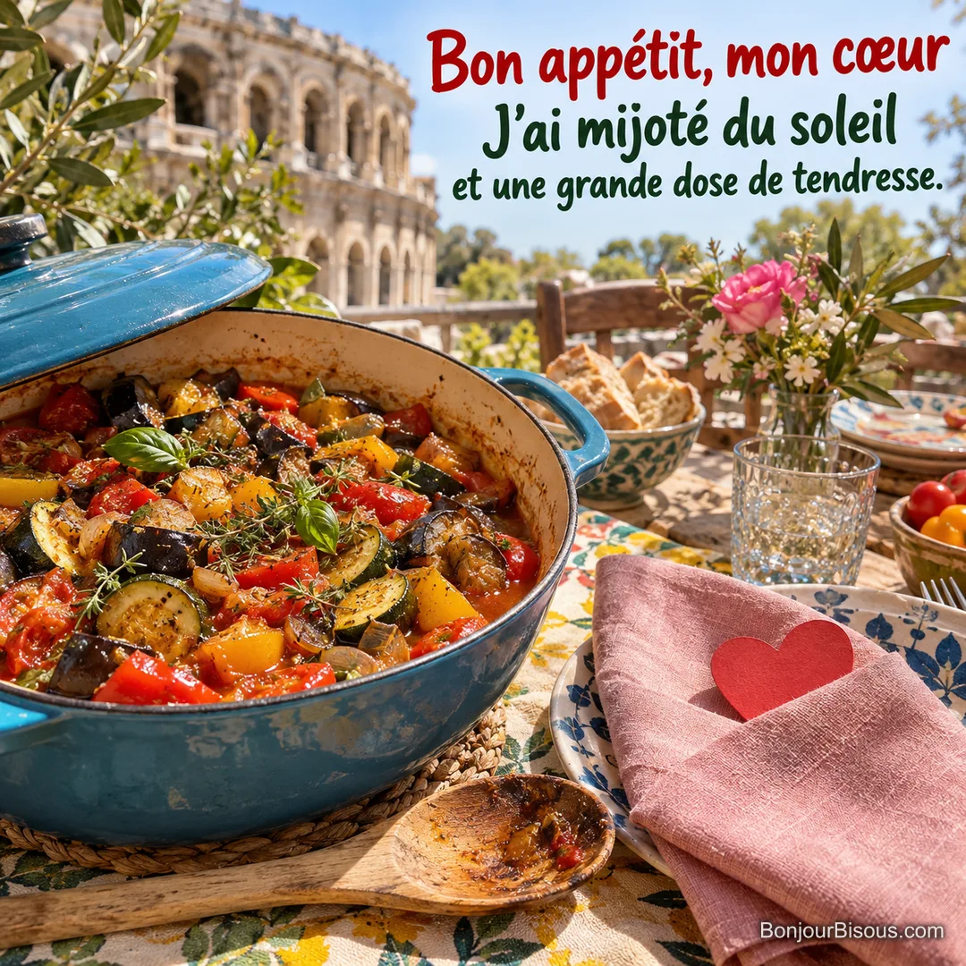 Une cocotte de ratatouille colorée et une serviette en cœur accueillent un repas plein de tendresse, avec le texte « Bon appétit, mon cœur J’ai mijoté du soleil et une grande dose de tendresse. ».